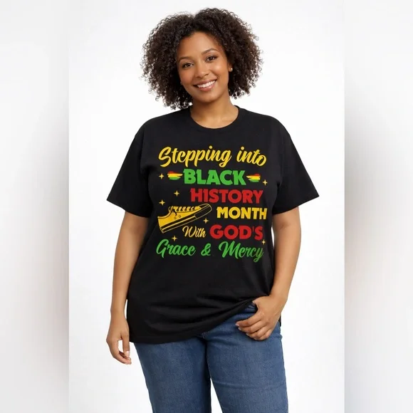 Black Graphic T-Shirt Stepping into Black History Month S-5XL - Picture 3 of 5
